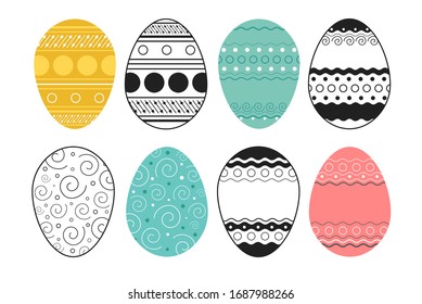 Easter eggs vector icons set. Color and black and white decorative icons for Easter products. Contour minimalistic and color flat image. Pictures for packaging, textiles and backgrounds.
