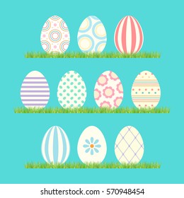 Easter eggs, vector icons. set. ten colored eggs on the grass.