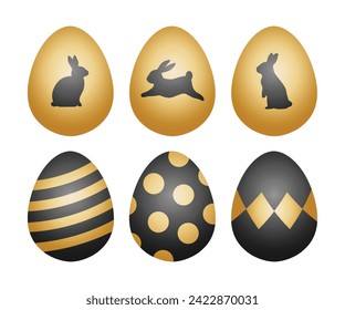 Easter eggs vector illustration in 3d realistic style. Classic luxury black golden color chocolate egg with bunny or rabbit shape isolated on white background.