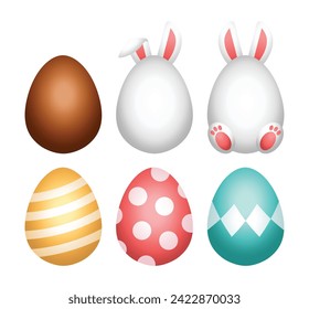 Easter eggs vector illustration in 3d realistic style. Classic cute pastel color chocolate egg with bunny or rabbit ears isolated on white background.