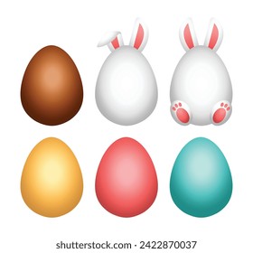 Easter eggs vector illustration in 3d realistic style. Classic cute pastel color chocolate egg with bunny or rabbit ears isolated on white background.