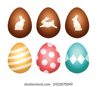 Easter eggs vector illustration in 3d realistic style. Classic cute pastel color chocolate egg with bunny or rabbit shape isolated on white background.