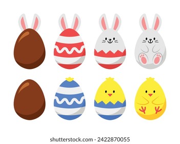 Ilustración vectorial de huevos de Pascua con conejo y pollo y chocolate en un bonito estilo de dibujos animados coloridos modernos para la decoración de vacaciones de temporada.  