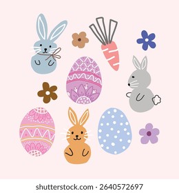Easter Eggs Vector Illustration with Bunny, Easter Eggs, Flowers, Hand Drawn, Use for Textile, Decoration and Print.