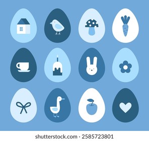 Easter eggs. Vector illustration in flat style. Set of Easter eggs decorated with cute simple icons in blue colors