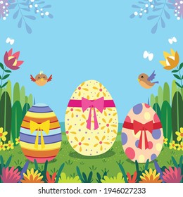 Easter eggs vector illustration. Happy Easter day vector illustration. Easter eggs in the garden vector illustration.