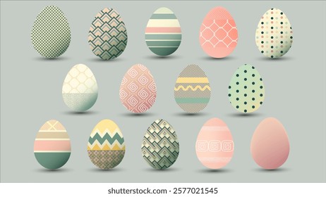 easter eggs vector and isolated collection of pastel-colored decorated with intricate geometric and abstract patterns. The eggs feature polkadots, zigzags,for element decoration design and background