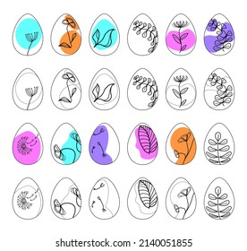 Easter eggs in vector on white background. Easter holiday. Easter bunny. Festive eggs drawn by hand with a line.  Spring illustrations. Easter egg icons. Spring flowers and leaves