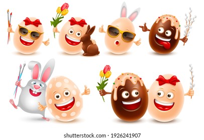 Easter Eggs vector realistic character set. Cute smiling eggs with brushes, flowers, pussy willow twigs, bunny ears, chocolate figure in rabbit shape and bunny. Conceptual design to Easter holidays.