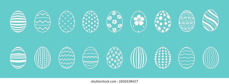 Easter eggs vector set . Collection of Easter eggs simple white line icons. Painted icons of eggs with ornament in flat design .	