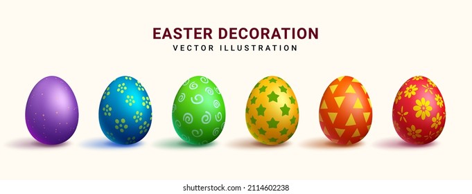 Easter eggs vector set design. 3d colorful eggs collection in festive patterns and prints for easter holiday egg hunt realistic decoration. Vector illustration.
