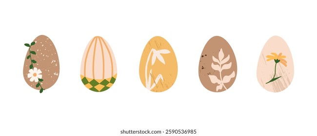 Easter eggs vector set. DIY natural dyed eggs with flowers. Pastel elegant design of Easter symbol