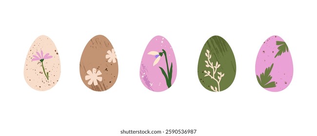 Easter eggs vector set. DIY natural dyed eggs with spring flowers. Pastel elegant design of Easter symbol