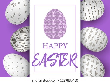 Easter eggs in vertical line with elegant ornaments on purple background. simple Nordic ornaments. Happy Easter. hand font vector illustration. template, decoration, advertising, poster, banner
