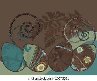 Easter eggs with warm retro feel, accented with gemstones on a floral background.