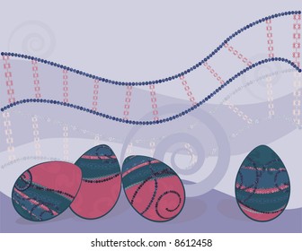 Easter eggs with warm retro feel, accented with gemstones on an abstract background.