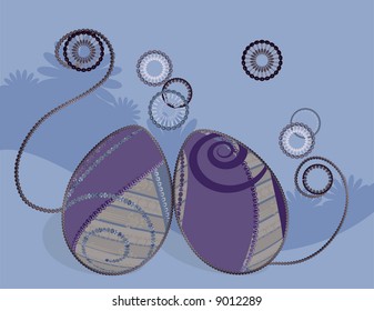 Easter eggs with warm retro feel, accented with gemstones on a floral background.
