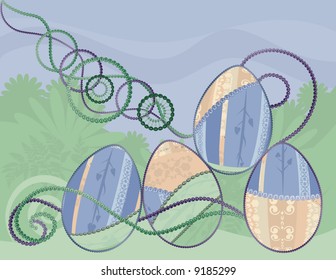 Easter eggs with warm retro feel, accented with gemstones on a floral background.
