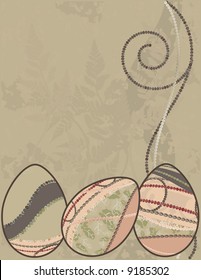 Easter eggs with warm retro feel, accented with gemstones on a floral background.