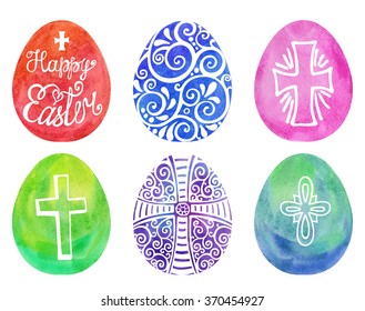 Easter eggs Watercolor set.Vector easter eggs with pattern,crucifixion.Design elements for background,banner,holiday card.Hand painting artistic texture.Colored  greeting vector template.Isolated