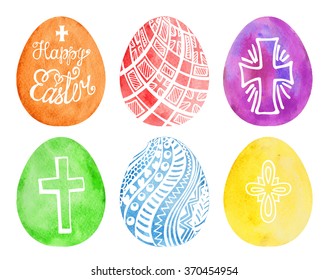 Easter eggs Watercolor set.Vector easter eggs with pattern,crucifixion.Design elements for background,banner,holiday card.Hand painting artistic texture.Colored  greeting vector template.Isolated 