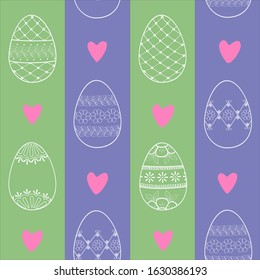 Easter eggs white doodle outline seamless pattern. Green and violet stripes background with pink hearts for banners, packaging and scrapbooking paper. Fresh spring colors. Stock vector illustration.