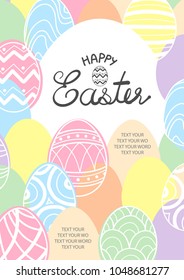 Easter eggs in white outline and colorful plane random on the background with white space for text. Poster or card design for Easter festival in vector illustration.