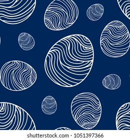 Easter eggs in white outline random on blue background. Cute hand drawn seamless pattern design for Easter festival in vector illustration.