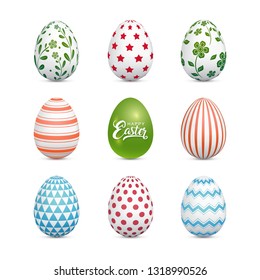 Easter eggs white set with decorated pattern elements for gift, seasonal celebration and holidays in april on white background vector illustration