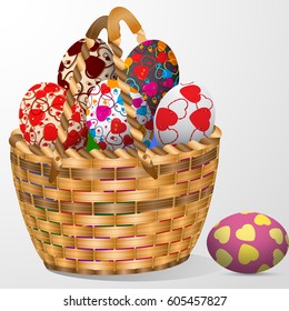 Easter eggs.egg  in Wicker basket isolated on white background . Happy Easter hunt card,background,banner.Easter hunter Vector illustration.