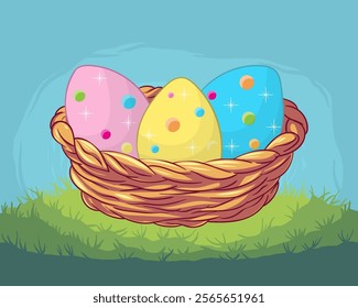 Easter eggs in a wicker basket on the grass. Vector illustration