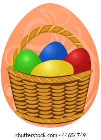 Easter Eggs in wicker basket on festive background. Design for your postcard, holiday greeting