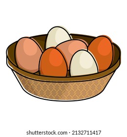 Easter eggs in wicker basket. Traditional food outline vector illustration