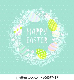 Easter eggs in a wicker nest, greeting card on a blue background. Wallpaper, flyers, web design, brochure,voucher. Vector illustration .