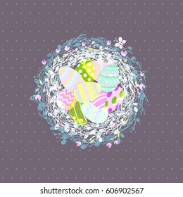 Easter eggs in a wicker nest, greeting card on a blue background. Wallpaper, flyers, web design, brochure,voucher. Vector illustration .