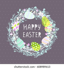 Easter eggs in a wicker nest, greeting card on a blue background. Wallpaper, flyers, web design, brochure,voucher. Vector illustration .