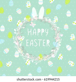 Easter eggs in a wicker nest, greeting card on a blue background. Wallpaper, flyers, web design, brochure,voucher. Vector illustration .