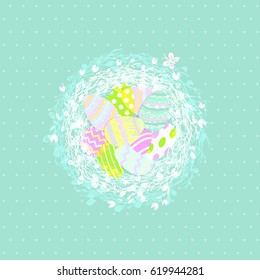 Easter eggs in a wicker nest, greeting card on a blue background. Wallpaper, flyers, web design, brochure,voucher. Vector illustration .