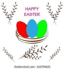 Easter eggs with willow on white background. Vecto illustration.
