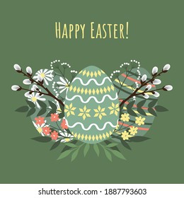 Easter eggs with willow twigs. Happy easter. Template for postcards, flyers, banners.