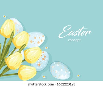 Easter eggs without decorations and white tulip flowers