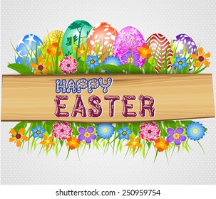The Easter with eggs  and wood sign board