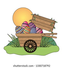 easter eggs in wooden wheelbarrow