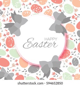 Easter eggs. Wreath with beautiful bow and flowers. Pastel grey Happy Easter Greeting card. Paper cut Circle frame. Origami Space for text. Vector illustration