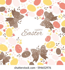 Easter eggs. Wreath with beautiful bow and flowers. Pastel Yellow Happy Easter Greeting card. Space for text. Vector illustration