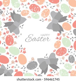 Easter eggs. Wreath with beautiful bow and flowers. Pastel grey Happy Easter Greeting card. Space for text. Vector illustration