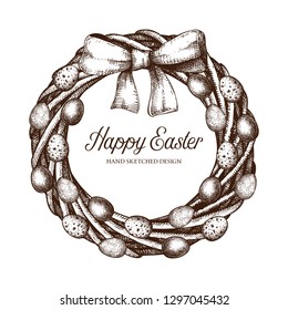 Easter eggs wreath design. Shabby Chic style. Holiday interior decor element. Hand drawn composition. Perfect for greeting cards or invitions, posters, web.