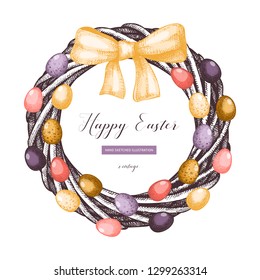 Easter eggs wreath design. Shabby Chic style. Holiday interior decor element. Hand drawn holyday composition. Perfect for greeting cards or invitions, posters, web.