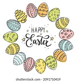 Easter Eggs Wreath. Doodle style. Happy Easter hand drawn decorative frame for banner, print, background, invitation and greeting cards design and decoration
