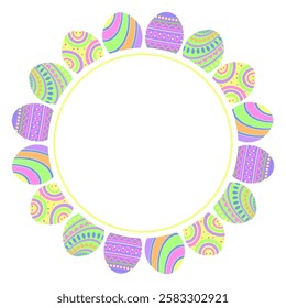Easter eggs wreath, frame, border with copy space. Happy Easter spring holiday greeting card, invitation, poster, banner design element, vector illustration.